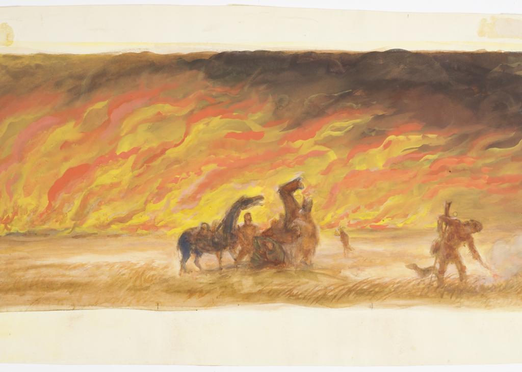 Horses and people navigate a field in front of an immense fire