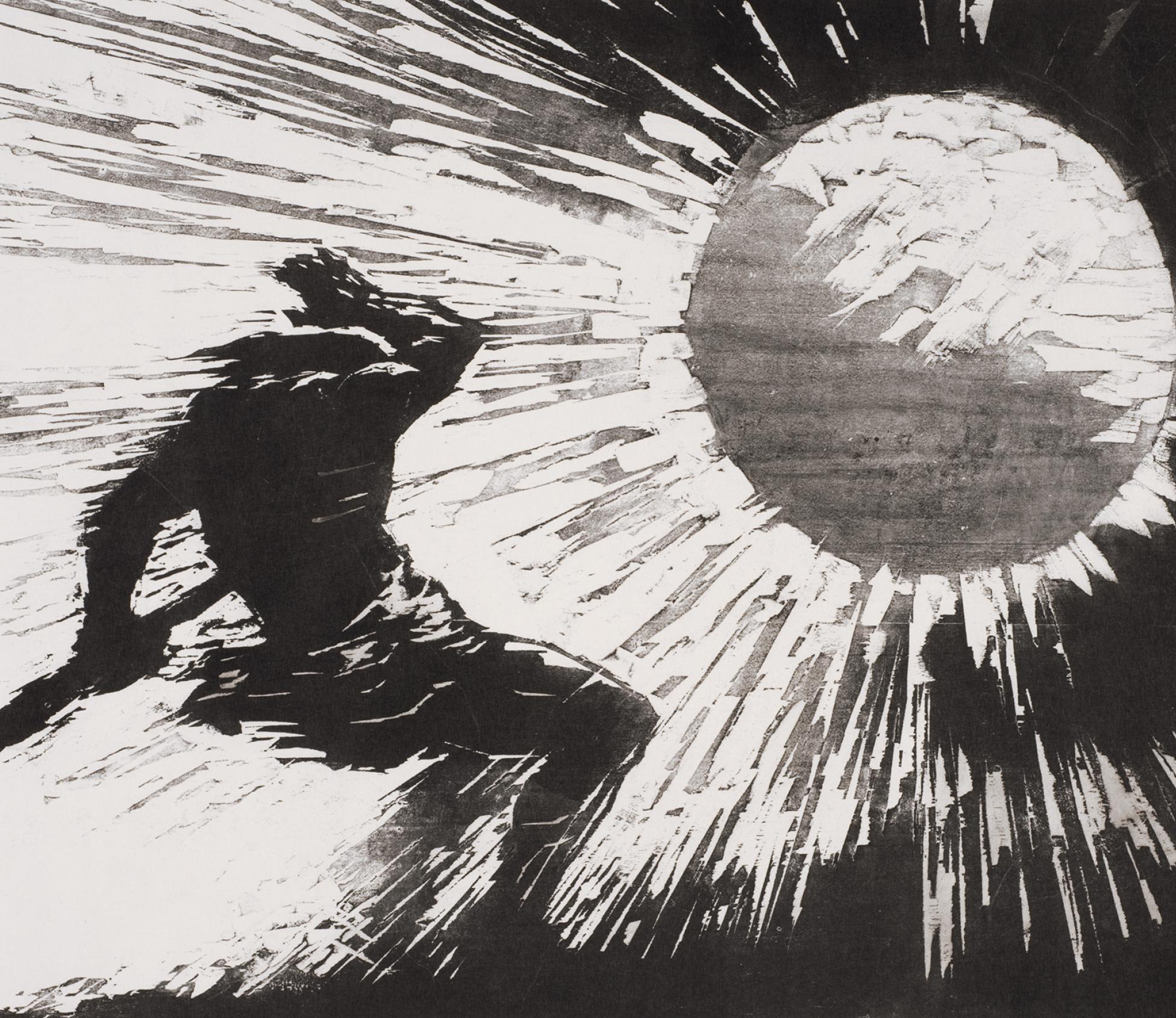 Black-and-white print of a figure falling backward away from an overpowering sun with rays that surround them