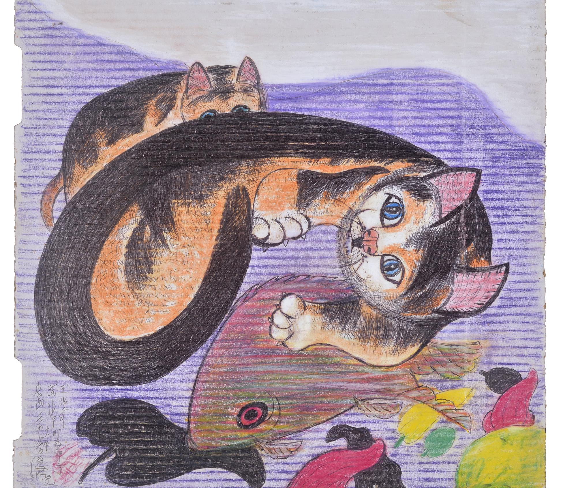 Drawing on cardboard of a black-and-orange cat holding a fish while a smaller orange-and-black cat peeks out from behind it