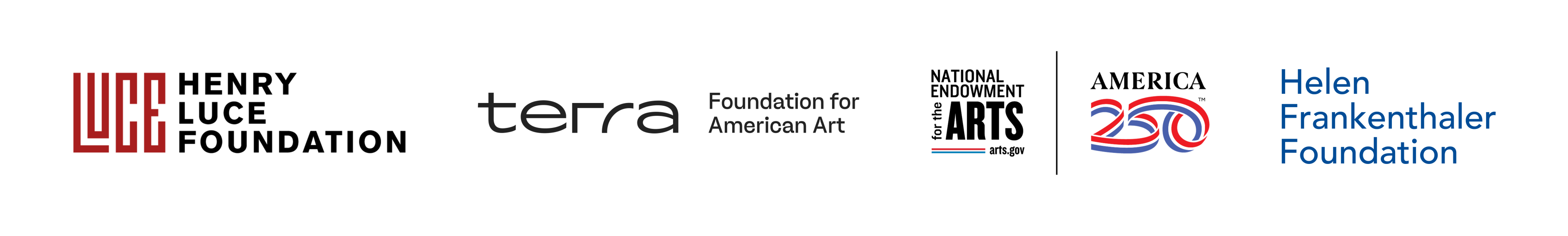 Logos of the Henry Luce Foundation, Terra Foundation for American Art, National Endowment for the Arts, and the Helen Frankenthaler Foundation