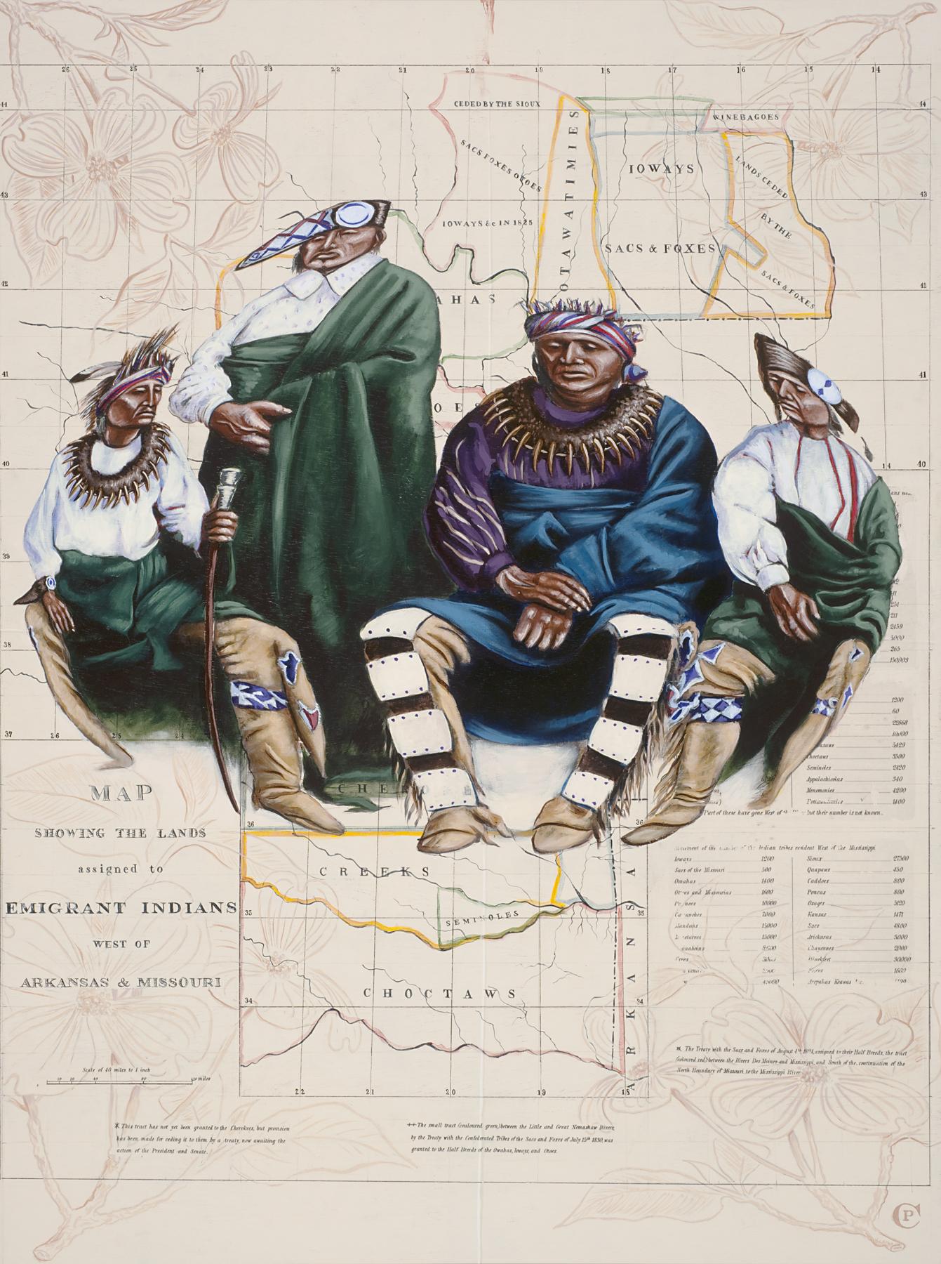 Four Indigenous men appear distorted as if in a fishbowl on top of an old map