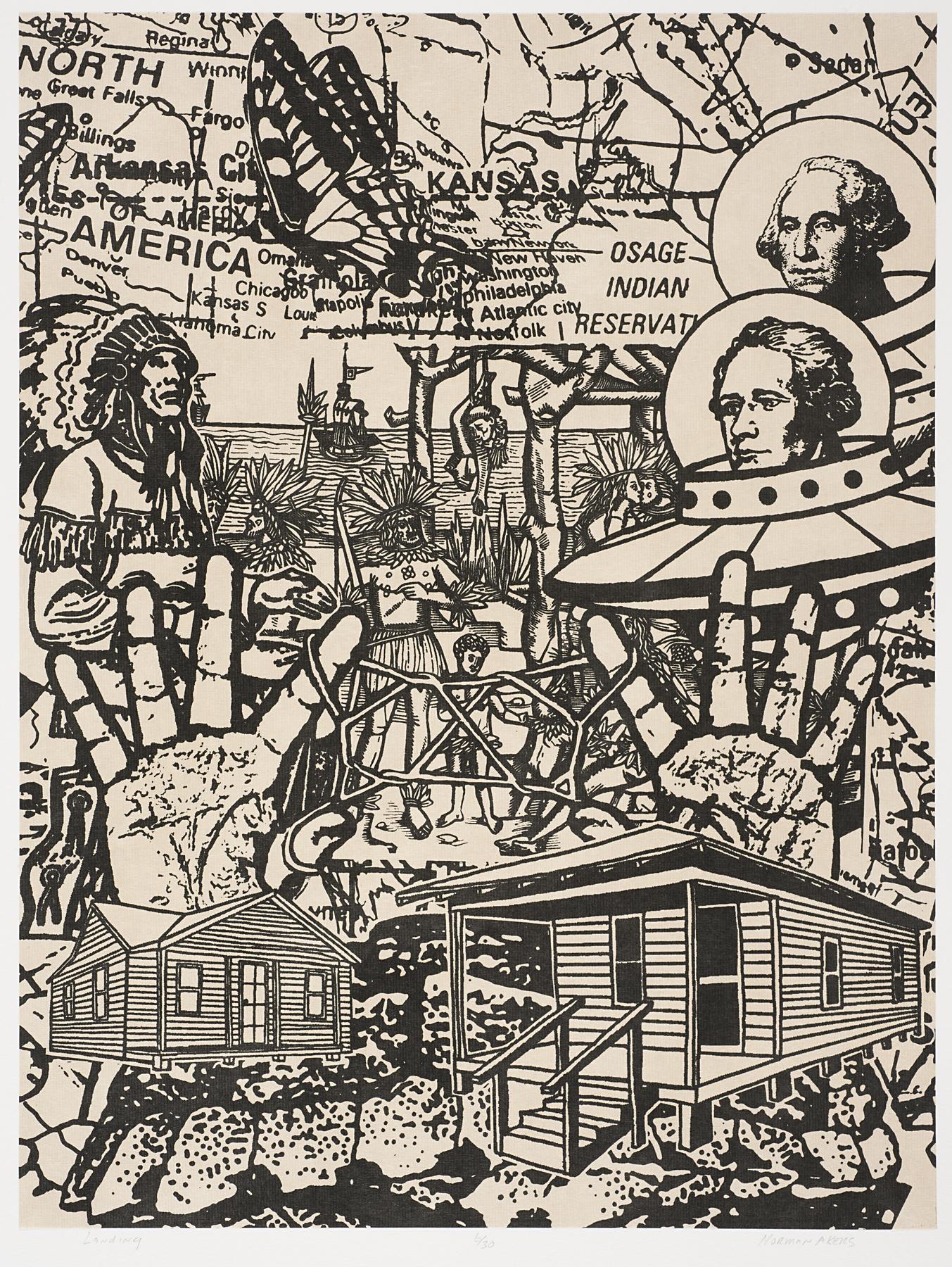Black-and-white print densely filled with images including houses, hands, spaceships, Indigenous figures, a ship at sea, a butterfly, and a map