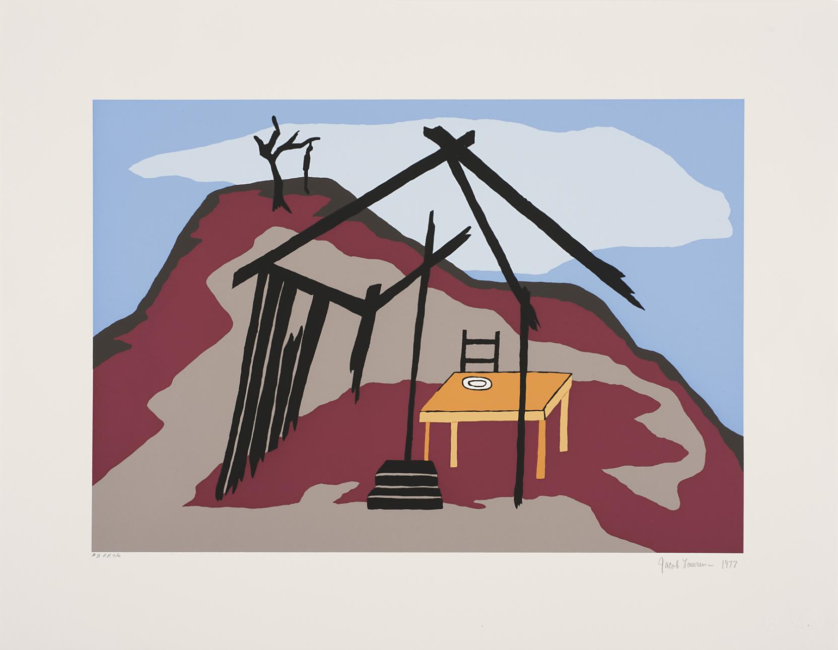 A table stands inside the empty frame of a house; a silhouette of a tree and hanged figure is in the distance