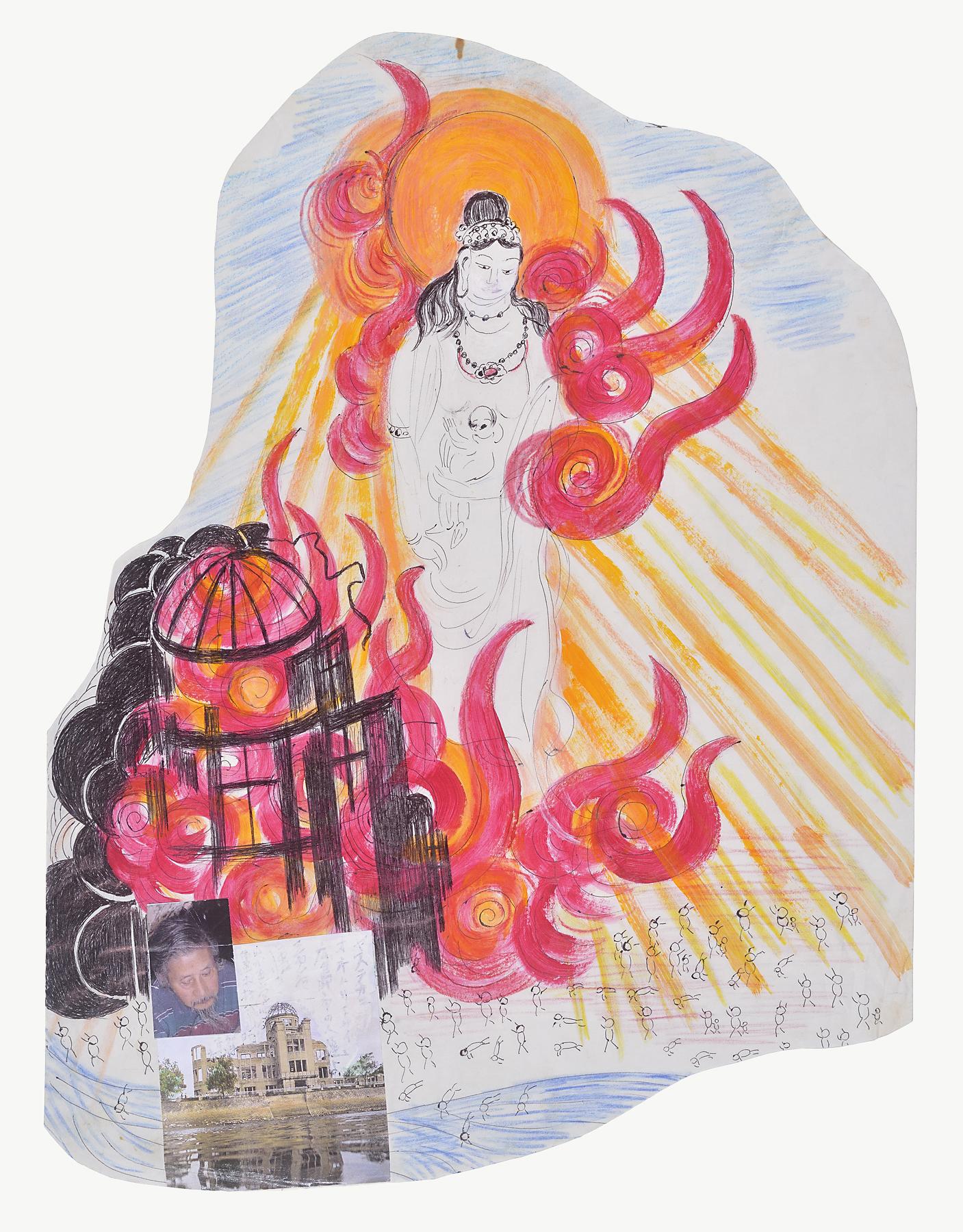 Collage with a drawing of a deity and a domed building in flames, above stick figures, some jumping into the water, with a photo of an older man and a domed building pasted below