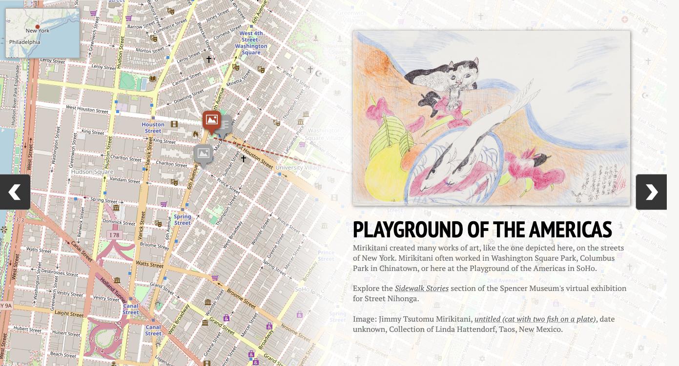 An interactive map showing a map on one side, and an image and text on the other