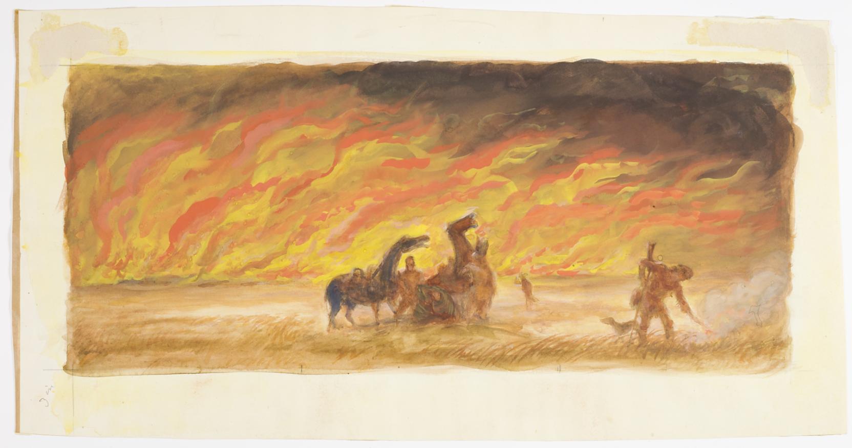 Horses and people navigate a field in front of an immense fire