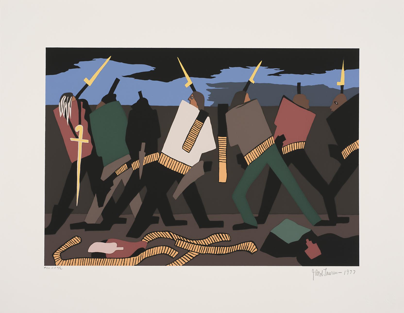 Rear view of seven armed men, both Black and white, looking over a wall while holding pikes and wearing belts filled with ammunition