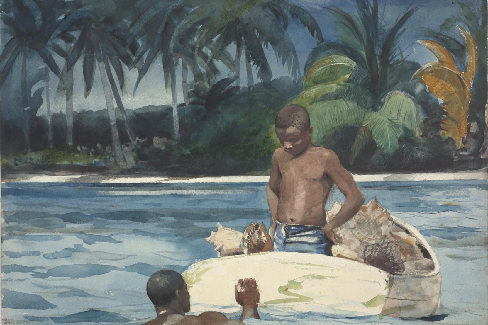 Watercolor scene of two Black males, one in the water and one in a boat with conch shells with palm trees along the shore behind them