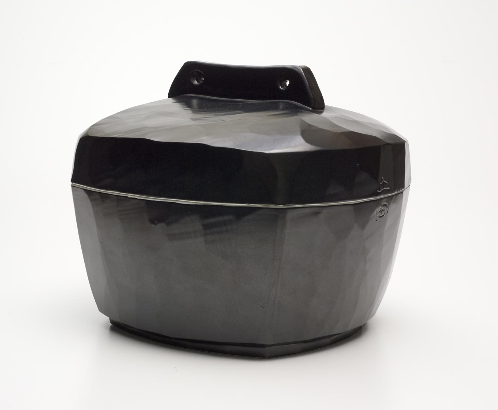 Black, rectangular container with a lid, featuring soft contours and a faceted surface