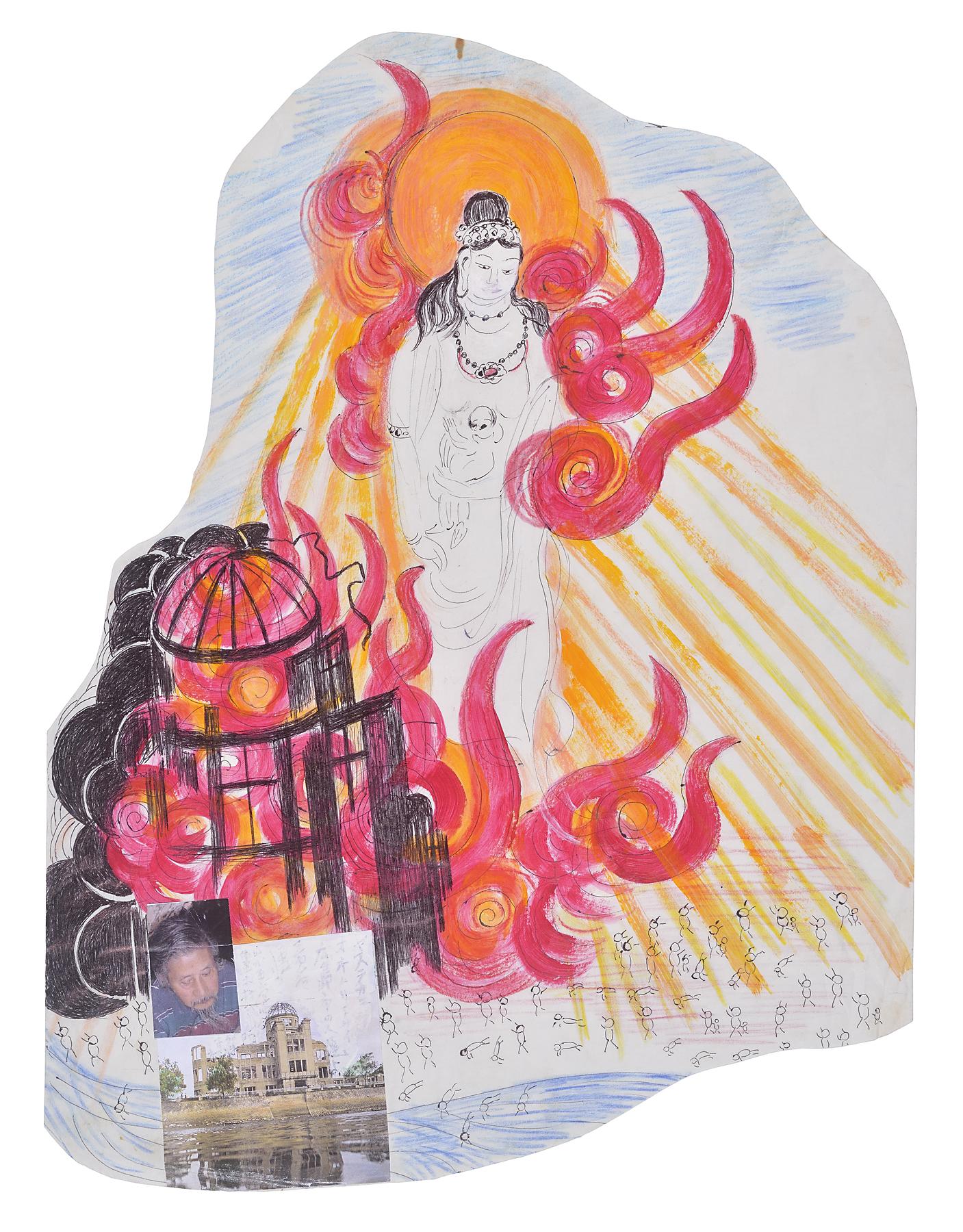 Collage with a drawing of a deity and a domed building in flames, above stick figures, some jumping into the water, with a photo of an older man and a domed building pasted below